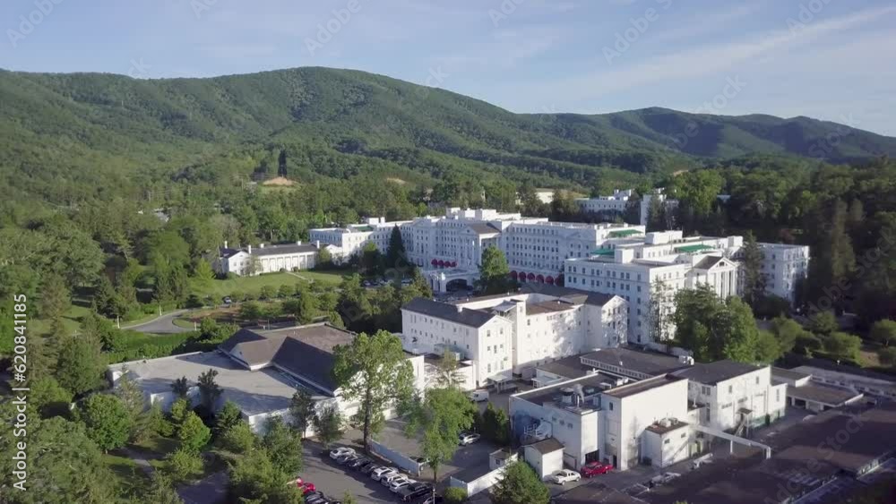 Greenbrier Resort angled drone forward summer West Virginia afternoon Greenbrier Resort angled drone forward summer West Virginia afternoon