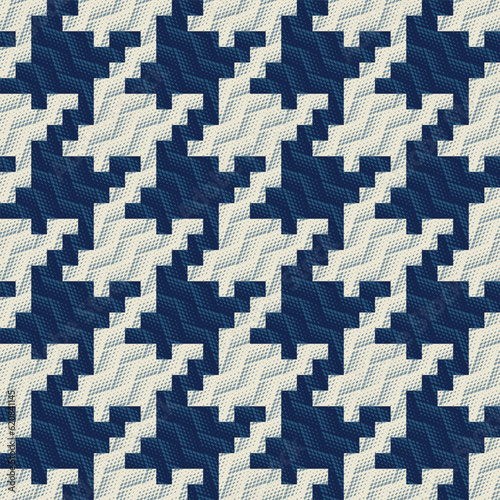Beige and Tonal Blue Glitch Effect Textured Houndstooth Pattern