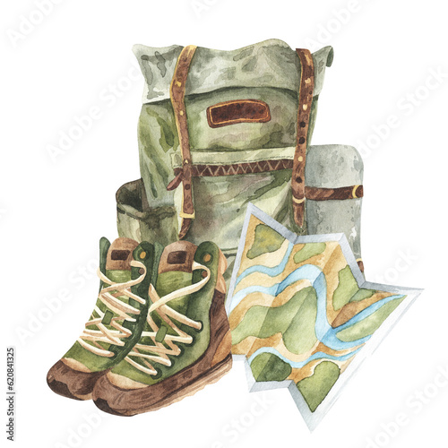 Green vintage backpack and hiking boots with map. Hand drawn watercolor illustration isolated on white background. Camping, travel, hiking concept. For stickers, design, web