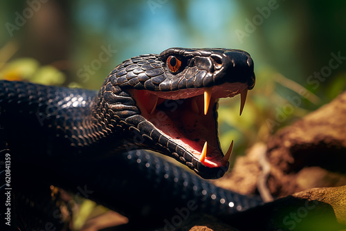 Head of Black Mamba Snake with Sharp Fangs Looks Dangerous in Jungle on Bright Day