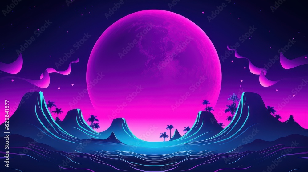 Retro futuristic 1980s Style background, Retro Wave Music Festival. Generative Ai