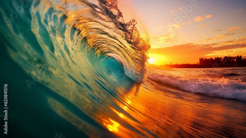 Colorful vibrant Sunset Sea water ocean wave in barrel shape for surfing  © AhmadSoleh