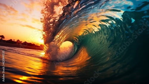 Colorful vibrant Sunset Sea water ocean wave in barrel shape for surfing  © AhmadSoleh