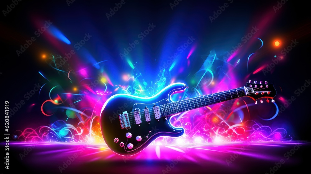 Obraz premium Guitar Neon Light Effect For Music Festival Background, Musical instruments. Generative Ai