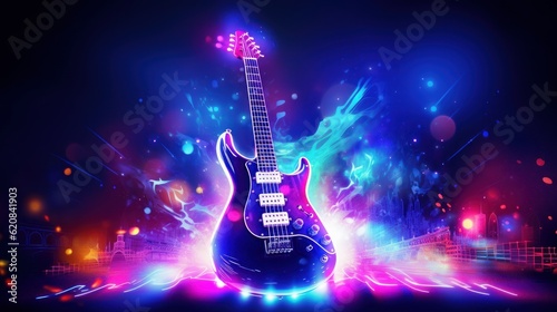 Guitar Neon Light Effect For Music Festival Background, Musical instruments. Generative Ai
