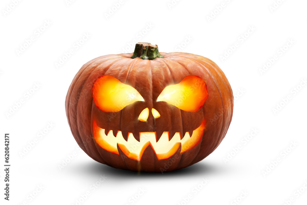 A single lit spooky halloween pumpkins, Jack O Lantern with evil face and eyes isolated against a transparent background. - obrazy, fototapety, plakaty 
