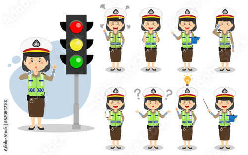 Indonesian Traffic Police Woman Character With Various Activities