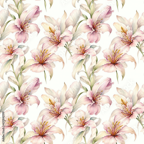 seamless pattern with flowers. pink lilies on a beige background. Generative AI