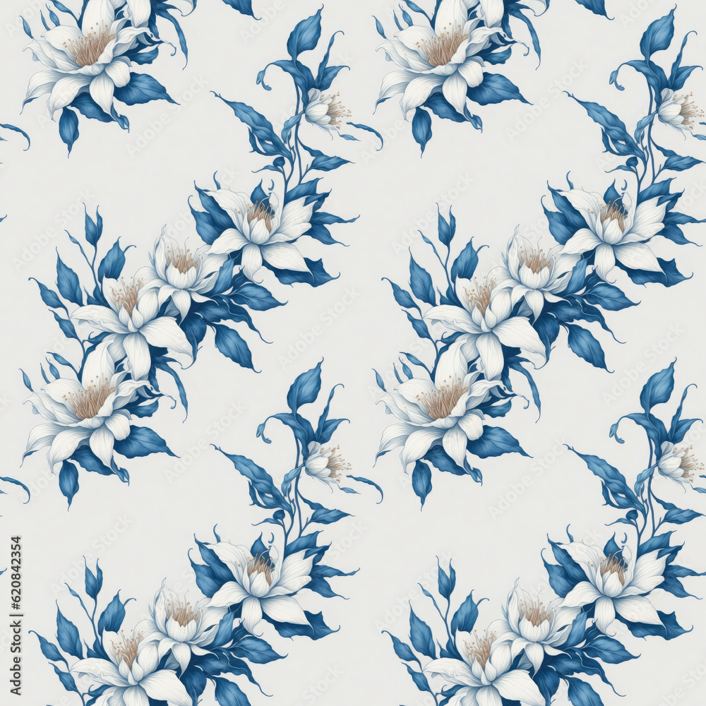 Fototapeta premium seamless pattern with flowers. blue lilies on a beige background. Generative AI