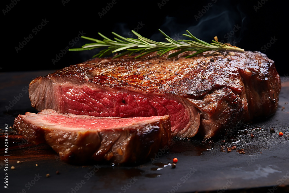 Ribeye steak from marbled beef medium rare. On a wooden board