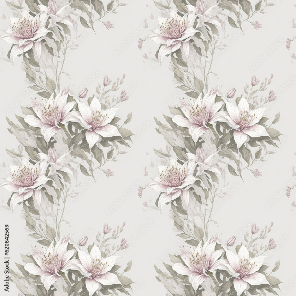 seamless pattern with flowers. Abstract white lilies on a gray background. Generative AI