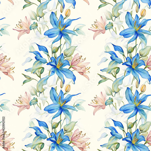 seamless pattern with flowers. blue lilies on a beige background. Generative AI