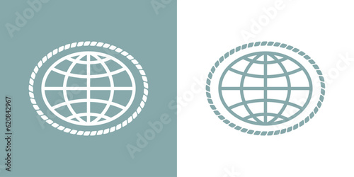 Logo nautical. Silueta de globo terráqueo con marco de cuerda