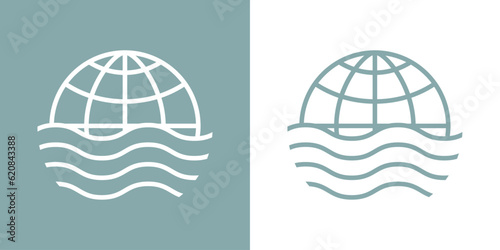 Logo Nautical. Agencia de viajes. Globo terráqueo lineal con olas de mar