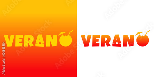 Logo vacaciones de verano. Letras de la palabra Verano en español con letras estilo hawaiano con silueta de bebida de agua de coco en lugar de letra O
