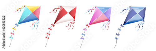 Kite in sky. Cartoon kites flying in clouds, happy festival banner. Summer outdoor play, kids colorful toys fly in wind. Seasonal neat vector background. Set of kites isolated 