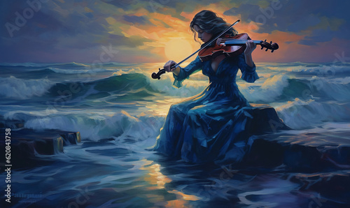  a painting of a woman playing a violin in the ocean. generative ai