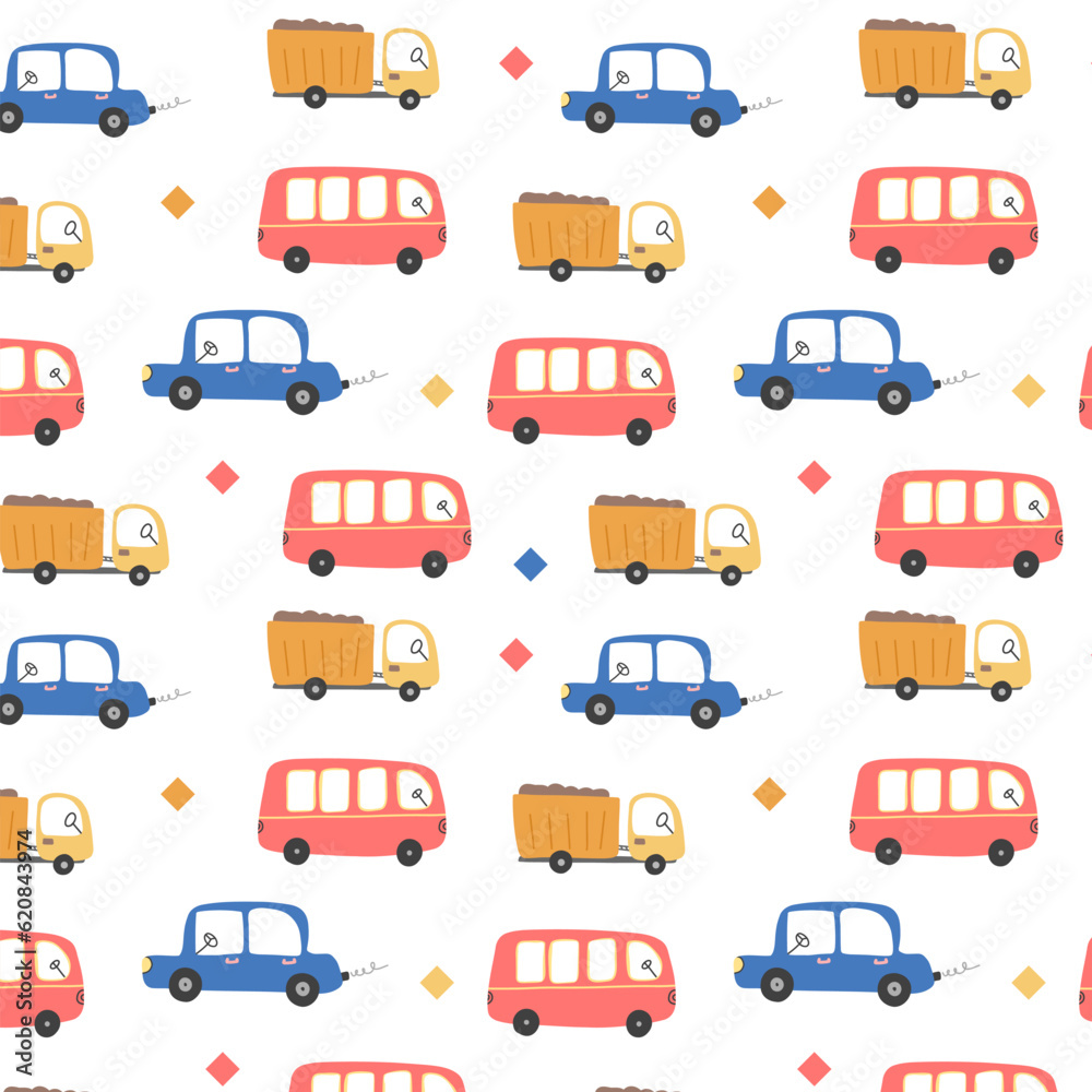 Cute cartoon cars pattern. Pattern for fabrics, children's wallpapers, packaging, clothes. Cute cartoon cars pattern. Pattern for fabrics, children's wallpapers, packaging, clothes.