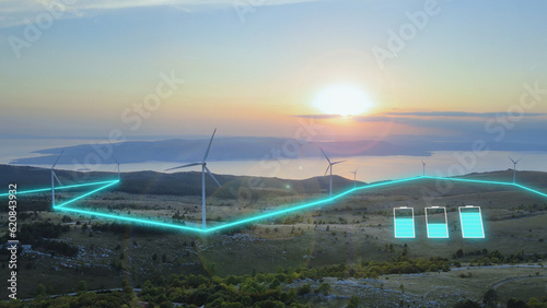 Sunset View Of Wind Turbines Collecting Energy At Wind Park With Battery And Connecting Lines Animated Graphics.