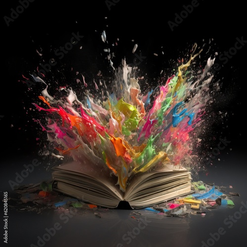 Exploded book. An explosion of color out of the book. Great for creativity and new ideas creation, business and growth, new generation, educational concepts. Generative AI