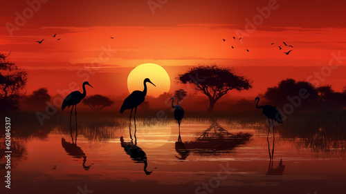 Sunset in Africa with animals silhouette