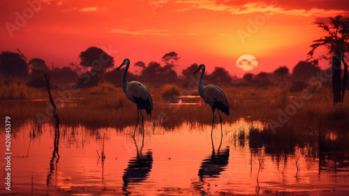 Sunset in Africa with animals silhouette