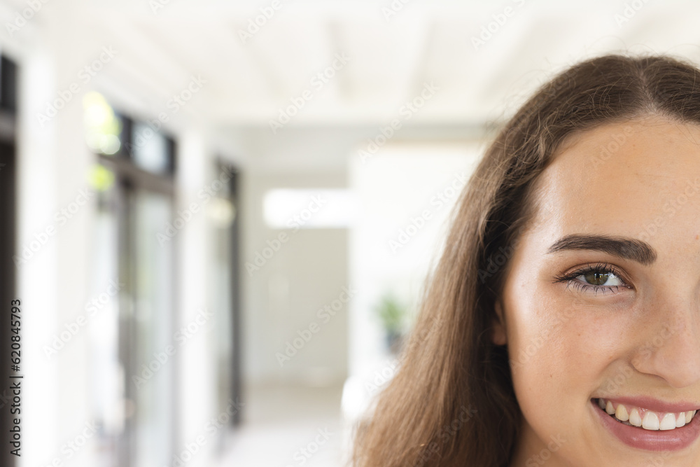 Portrait of happy caucasian woman with long brown hair at home, copy space Portrait of happy caucasian woman with long brown hair at home, copy space