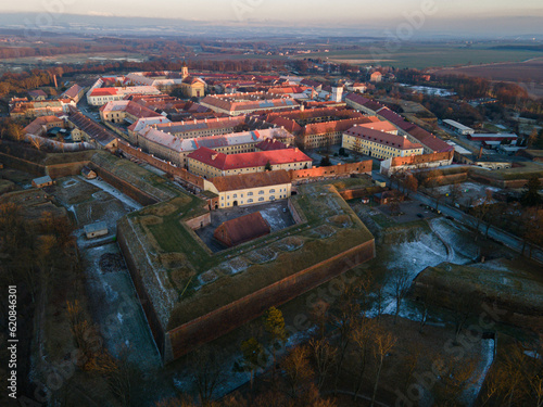 Drone view of ravelin of the Josefov fortification during sunset, Czech republic photo