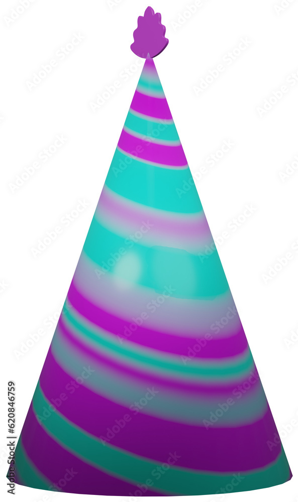 3D birthday party hat in different colors on a transparent background 3D birthday party hat in different colors on a transparent background