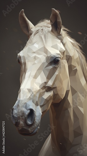 Portrait of majestic  white horse. Dark background. Low poly style. On the black background. Beautiful eyes  close-up. Generative AI