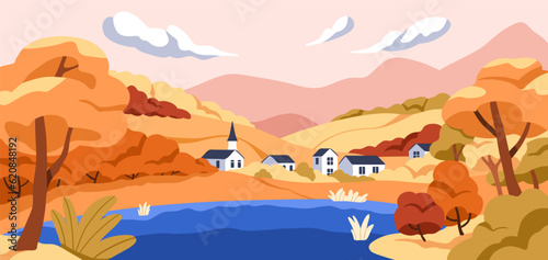 Fall landscape. Autumn nature panorama, rural houses, church, trees, hills and lake. Countryside scenery background. Country, village in October season, panoramic view. Flat vector illustration