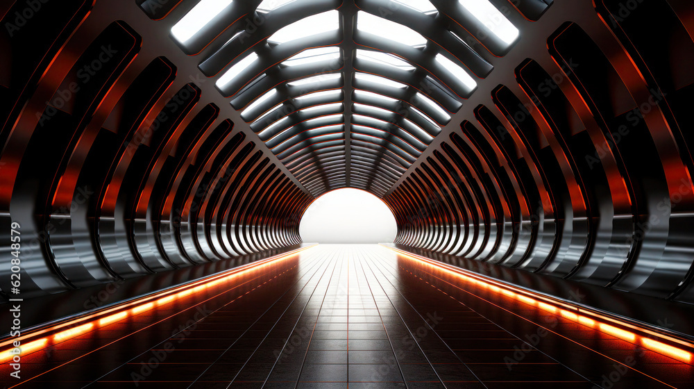 Futuristic Tunnel: Exploring the Dark Corridor. Garage Showroom 