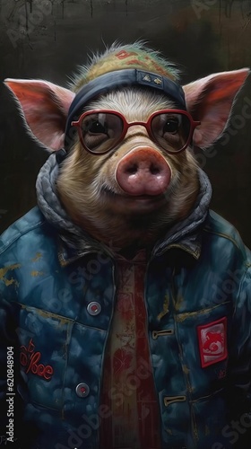 Illustration of pig wearing glasses. A painting of a dressed pig, hippie style. Generative AI