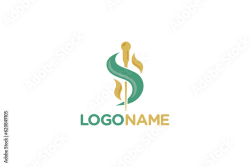 Creative logo design depicting acupuncture needle surrounded by green leaves, designated to the fashion or apparel industry.