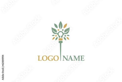 Creative logo design depicting acupuncture needle surrounded by green leaves, designated to the fashion or apparel industry.
