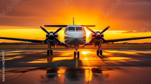 Dawn Departure: Private Plane Ready for Takeoff at Sunrise