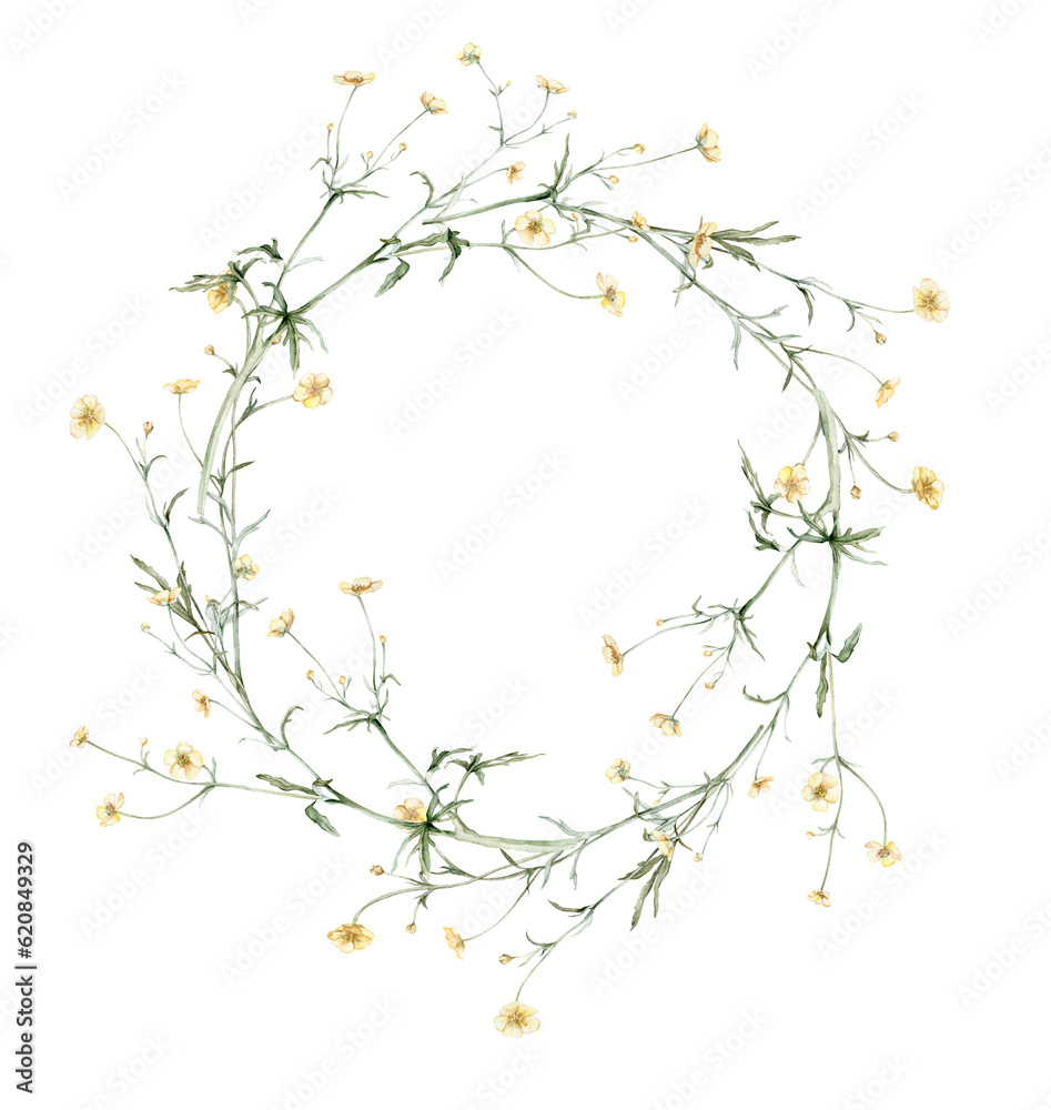 Wreath of yellow flower meadow, forest flowers. Buttercup known as Ranunculus acris, sitfast, spearworts or water crowfoots.Watercolor hand painting illustration on isolate. , circlet of flowers