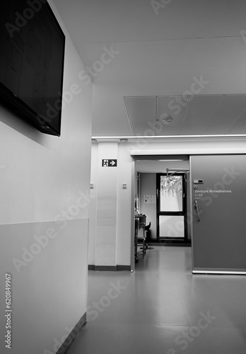 interior of a emergency area, major clinic in Ibbenbueren, Germany, black and white