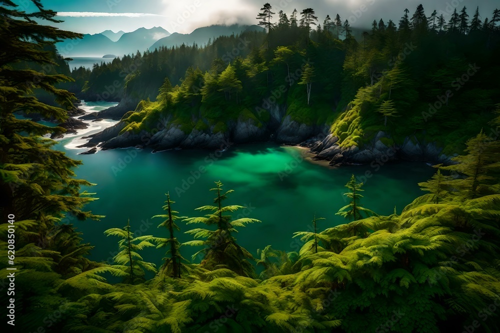 Landscape of Tofino covered in greenery surrounded by the sea in the Vancouver Islands, Canada