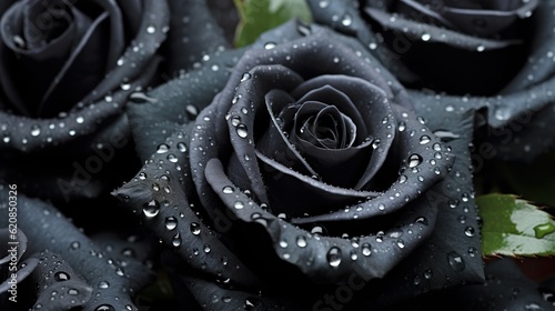 Black Roses flowers with water drops background. Closeup of blossom with glistening droplets. Generative AI