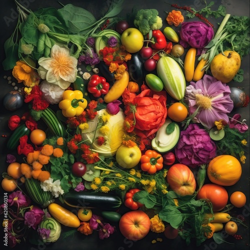 Collage of fresh farm grown organic vegetables and fruits. Vegetables and fruits in vibrant colors. Black background. Wide variety of vegetables  super healthy.. Raw vegetables. Generative AI