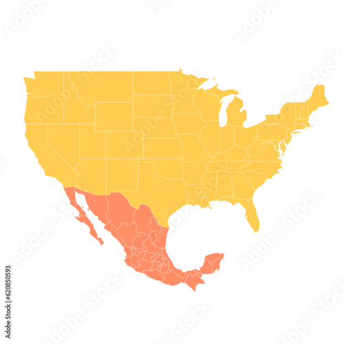 United States and Mexico political map of administrative divisions. Colorful blank vector map