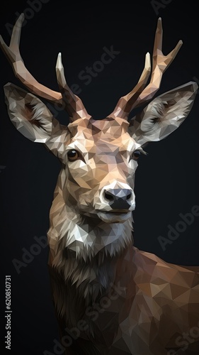 Portrait of majestic forest deer. Golden deer head. Reindeer looking to the side. Low poly style.   Generative AI