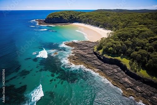 Aerial View of Noosa National Park on Sunshine Coast, Queensland, Australia with Stunning Oceanic Blues and Beachy Hues