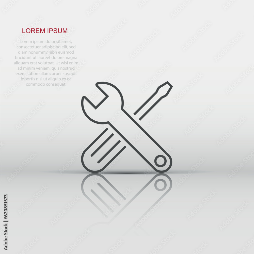 Wrench and screwdriver icon in flat style. Spanner key vector illustration on white isolated background. Repair equipment business concept. Wrench and screwdriver icon in flat style. Spanner key vector illustration on white isolated background. Repair equipment business concept.