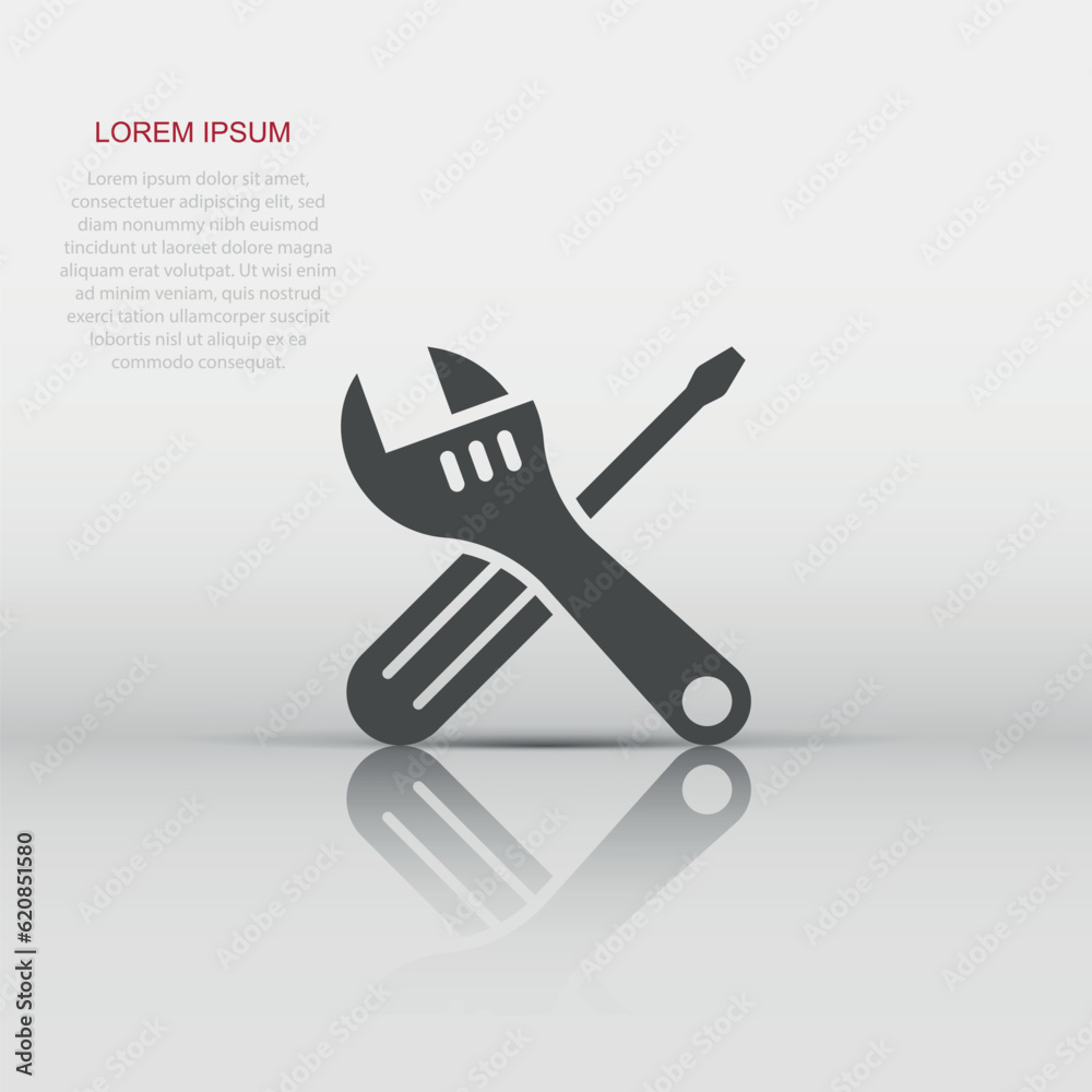 Wrench and screwdriver icon in flat style. Spanner key vector illustration on white isolated background. Repair equipment business concept. Wrench and screwdriver icon in flat style. Spanner key vector illustration on white isolated background. Repair equipment business concept.
