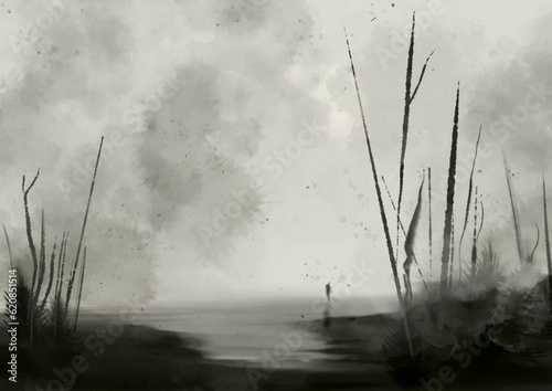 Abstract hand painted watercolour minimal stark landscape design