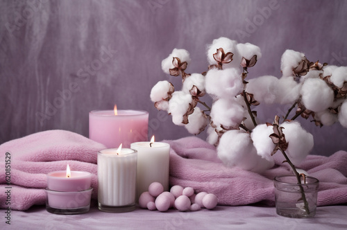 Pink spa set with bath bombs, candles and cotton flowers. Generative ai