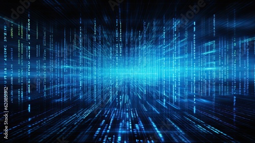 Blue Binary Data on Computer Screen. Cyber Code and Coding Communication in Digital Cyberspace  Generative AI
