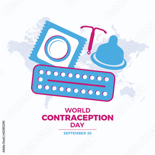 World Contraception Day vector illustration. Condom, contraceptive pills, IUD birth control icon set vector. Male and female contraception methods icons. September 26 every year. Important day